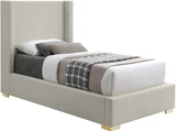 RoyceBeige-T Royce Collection Mid-Century Modern Linen Textured Fabric Upholstered Bed with Wing Back Headboard, 46" W x 84.5" D x 54.5" H, Beige, Twin