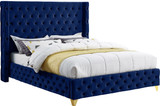 SavanNavy-Q Savan Collection Modern | Contemporary Velvet Upholstered Bed with Deep Button Tufting in Gold or Chrome Finish, 72" W x 86" D x 56" H, Navy, Queen