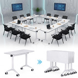 10 Pack Flip Top Training Table with Lockable Wheels, Mobile Nesting Folding Conference Table, Space Saving Seminar Desk for Classroom, Office, Library (White, 47"×16"×30")