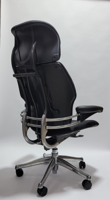 Humanscale Freedom Chair Fully Adjustable Model With Headrest Polished Frame and Black Leather