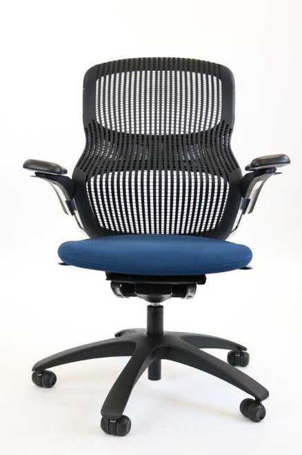 Knoll Generation Chair, All Features, Adjustable Arms, Black, Blue Fabric Seat