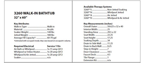 MediTub 32 x 60 Seated Walk-In Bathtub