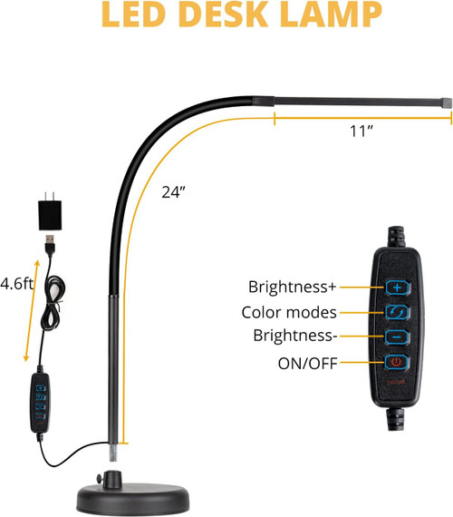 ModSavy Lighting Desk Lamp, Black,LED Desk Lamp, Swing Arm Architect Task Lamp with Long Flexible Gooseneck, Heavy Base, 3 Color Modes, 10 Brightness Levels, and USB Adapter, Desk Light for Home/Office/Drafting/Reading/Piano