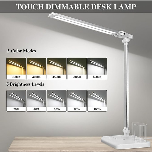 ModSavy Dual Swing Arm LED Desk Lamp, 5 Modes Touch Control Brightness Levels Desk Light with 45 Minutes Auto-Off Timer, USB Charging Port, Memory Function, Pen Holder for Office, Dorm 