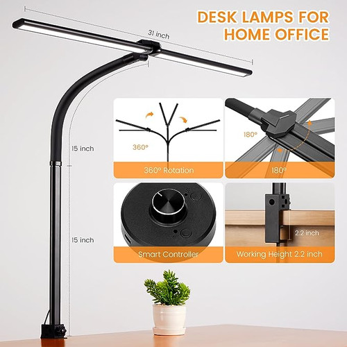 ModSavy LED Desk Lamp for Home Office - Dual Swing Arm Eye-Caring Architect Task Lamp, 24W Adjustable Flexible Gooseneck Clamp Light, Infinitely Dimmable Modern Desk Lamp for Work/Study