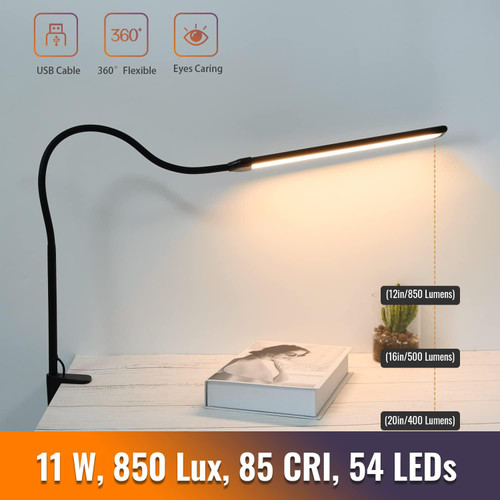 ModSavy LED Desk Lamp with Clamp, Clamp Light, Tall Desk Lamp with Long Gooseneck, 11W, 850 LMS, 3 Color Modes, 10 Brightness Levels, Eye-Caring, Clip on Desk Light for Reading, Home, Office