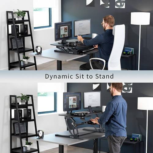  ModSavy Desk Essential 42 inch Height Adjustable Stand Up Desk Converter, V Series, Quick Sit to Stand Tabletop Dual Monitor Riser Workstation, Black,