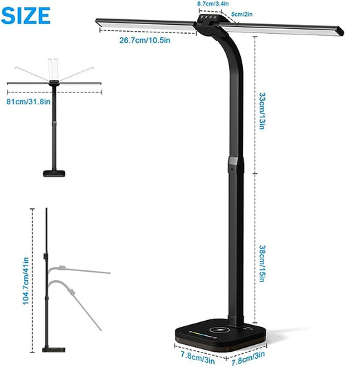 ModSavy Black Desk Lamp for Office Gaming,Double Head Light for Home＆Office，Adjustable Light Mode and Brightness，Adjustable Height＆Angle in Metal Polwith Wireless Charger＆2 USB and 1 Type-c Port