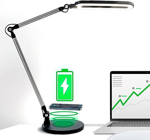 ModSavy LED Desk Lamp, Architect Desk Lamps with Base & Wireless Charger, Tall Desk Lamp for Home Office, Bright Table Lighting with Adjustable Lights, 3 Color Modes, Studio Work Lamp for Task, Drafting 