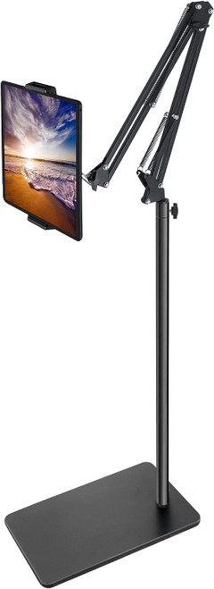 ModSavy Tablet Floor Stand with Double Weight Base, Overhead Bed Phone Mount Height Adjustable Arm Stretchable Stand Holder, Compatible with iPad Mini Air Pro, Galaxy Tab, Kindle, Switch, Cell Phones-Black