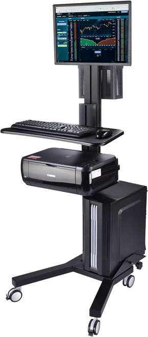 ModSavy Rolling Computer Cart Adjustable Mobile PC Standing Workstation with Monitor Mount Keyboard Tray Printer CPU Holder Wheels for Shop Home Office Black