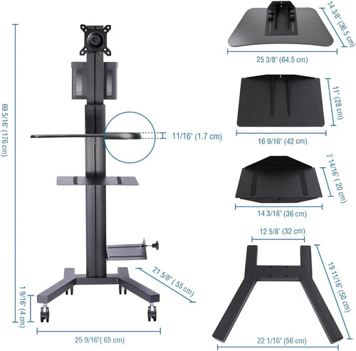 ModSavy Rolling Computer Cart Adjustable Mobile PC Standing Workstation with Monitor Mount Keyboard Tray Printer CPU Holder Wheels for Shop Home Office Black