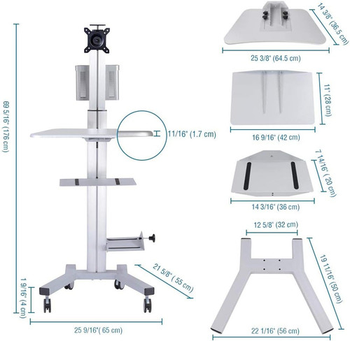 ModSavy Adjustable Rolling Computer Cart Mobile PC Standing Workstation with Monitor Mount Keyboard Tray Printer CPU Holder Wheels for Shop Home Office Silver