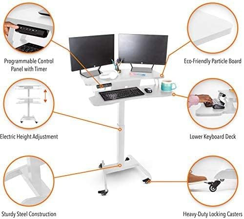 ModSavy Premier Electric Mobile Podium Desk with Keyboard Tray | Sit or Stand Height Adjustable Portable Standing Desk with Wheels | Portable Podium with Programmable Control Pad (White)