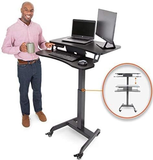 ModSavy Premier Electric Mobile Podium Desk with Keyboard Tray | Sit or Stand Height Adjustable Portable Standing Desk with Wheels | Portable Podium with Programmable Control Pad (Black)