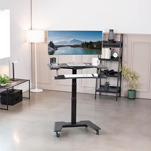 ModSavy Black Electric Mobile Height Adjustable 36 inch Dual Platform Standing Desk with Wheels, Rolling Small Space Table, Sit Stand Workstation,