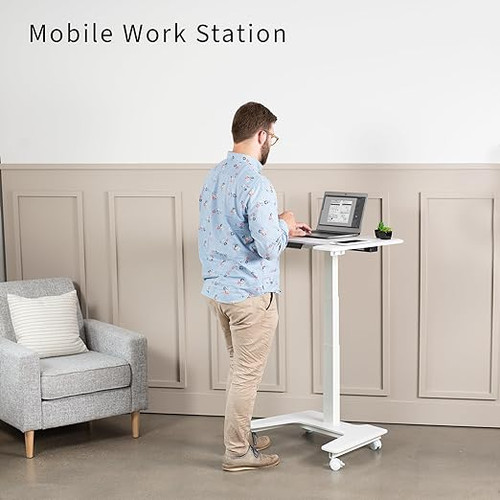 ModSavy White Electric Mobile Height Adjustable 36 inch Dual Platform Standing Desk with Wheels, Rolling Small Space Table, Sit Stand Workstation,