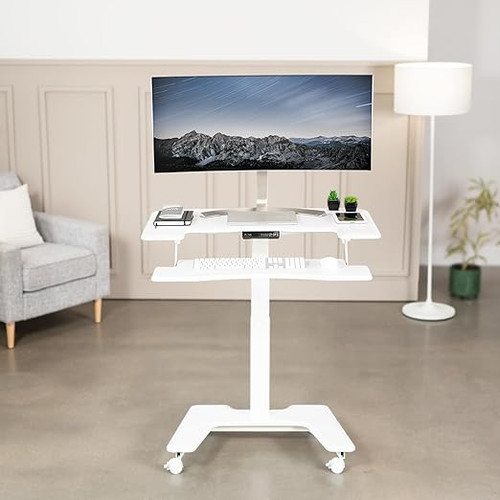 ModSavy White Electric Mobile Height Adjustable 36 inch Dual Platform Standing Desk with Wheels, Rolling Small Space Table, Sit Stand Workstation,