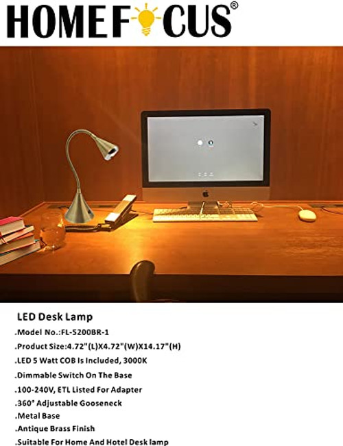 HomeFocus - LED Desk Lamp with Touch Dimmable,Eye Caring Desk Lamp for Reading or Working,Table Lamp,Night Light,Reading Desk Lamp for Home Office,LED 5W,3000K Warm Light,Metal,Antique Brass