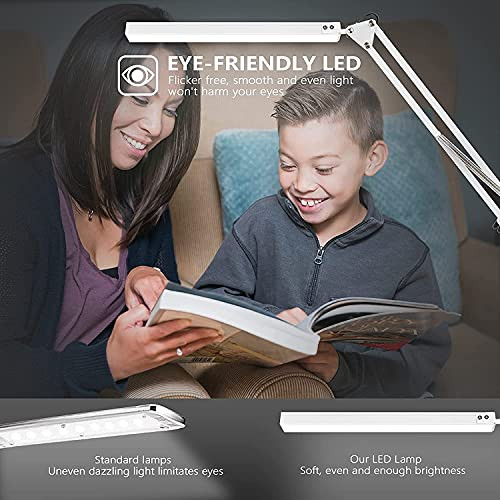 LED Desk Lamp, Metal Swing Arm Eye-Caring Architect Task Dimmable Office Table Lamp with 3 Color Modes, 10 Brightness Levels & Adapter, Memory Function(White)