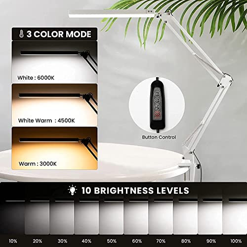 LED Desk Lamp, Metal Swing Arm Eye-Caring Architect Task Dimmable Office Table Lamp with 3 Color Modes, 10 Brightness Levels & Adapter, Memory Function(White)