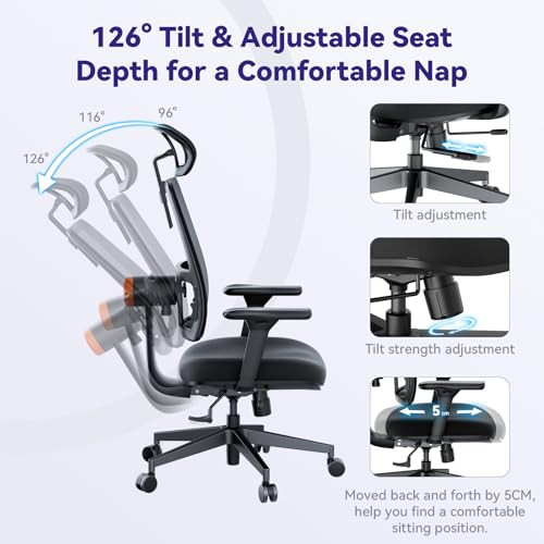 Humanspine Adaptive Office Chair, Lumbar Support, Adjustable Headrest, Seat Depth Adjustment, 96°-126° Tilt Function, 4D Armrest Recliner Chair for Office