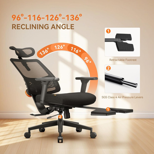 Humanspine Adaptive Office Chair, Lumbar Support, Adjustable Headrest, Seat Depth Adjustment, 96°-126° Tilt Function, 4D Armrest Recliner Chair for Office