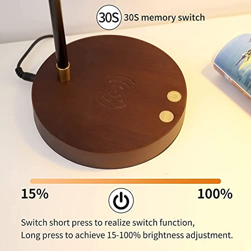 ModSavy Desk Lamp with Wireless Charge and USB Port, Swing Arm, Brass Metal, Wood Bedside Nightstand Lights, Mid Century Modern Reading Lamp for Bedroom, Living Room, Office（5Watts Bulb Included）