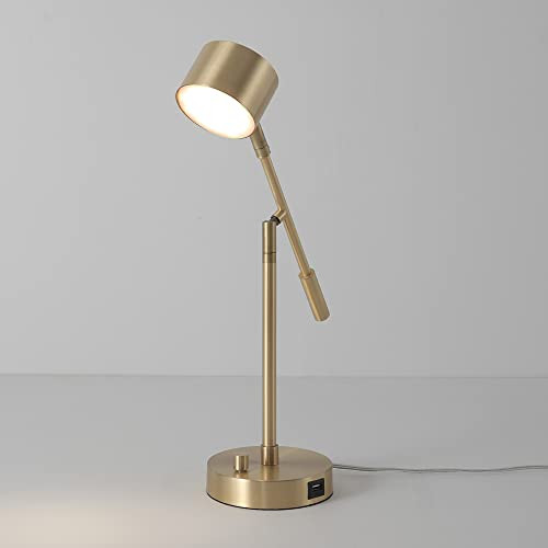 ModSavy Aristocrat 16" Integrated LED Swing Arm Desk Lamp, Matte Brass, Dimmable On/Off Rotary Switch at Base, 2.1A USB Port