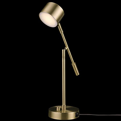 ModSavy Aristocrat 16" Integrated LED Swing Arm Desk Lamp, Matte Brass, Dimmable On/Off Rotary Switch at Base, 2.1A USB Port