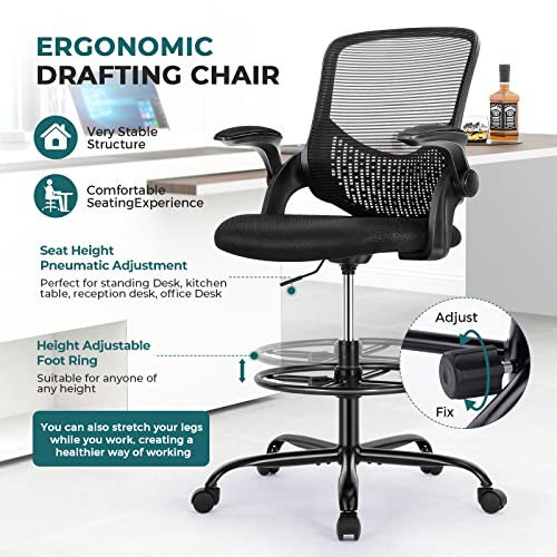 ModSavy Drafting Chair Tall Office Chair for Standing Desk Adjustable Height Office Desk Chair with Adjustable Flip Up Armrests and Foot-Ring for Task, Working, Drafting, Studying, Dark Black