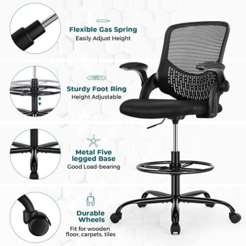 ModSavy Drafting Chair Tall Office Chair for Standing Desk Adjustable Height Office Desk Chair with Adjustable Flip Up Armrests and Foot-Ring for Task, Working, Drafting, Studying, Dark Black