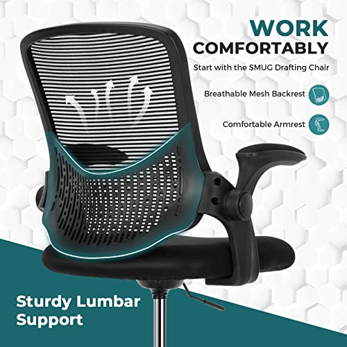 ModSavy Drafting Chair Tall Office Chair for Standing Desk Adjustable Height Office Desk Chair with Adjustable Flip Up Armrests and Foot-Ring for Task, Working, Drafting, Studying, Dark Black