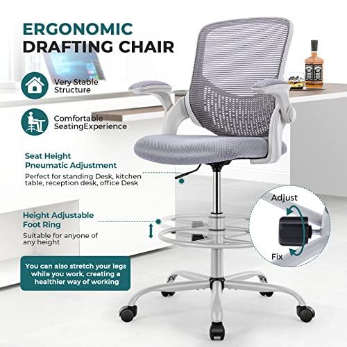 ModSavy Drafting Chair Tall Office Chair for Standing Desk Adjustable Height Office Desk Chair with Adjustable Flip Up Armrests and Foot-Ring for Task, Working, Drafting, Studying, Grey