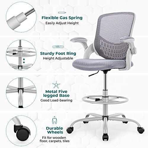 ModSavy Drafting Chair Tall Office Chair for Standing Desk Adjustable Height Office Desk Chair with Adjustable Flip Up Armrests and Foot-Ring for Task, Working, Drafting, Studying, Grey