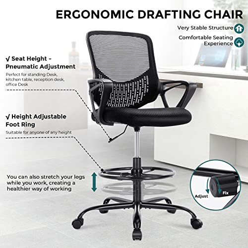 ModSavy Drafting Chair Tall Office Chair, Standing Desk Chair Counter Height Office Chairs, Mid Back Mesh Office Drafting Chairs with Armrest, Height Adjustable Foot Ring, Black