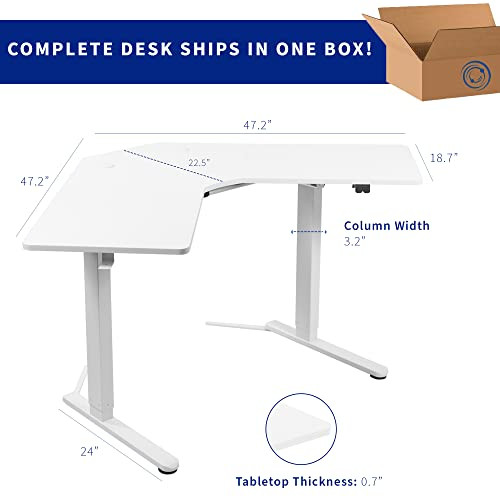 ModSavy Electric Height Adjustable L-Shaped 47 x 47 inch Standing Desk, White Corner Table Top, White Frame, Stand Up Workstation, DESK-E1L94W