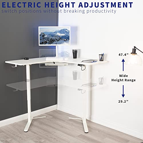 ModSavy Electric Height Adjustable L-Shaped 47 x 47 inch Standing Desk, White Corner Table Top, White Frame, Stand Up Workstation, DESK-E1L94W