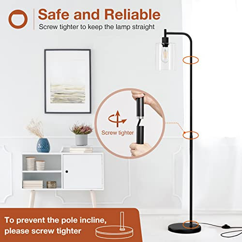 ModSavy Floor Lamps for Living Room with Glass lampshade, Modern Bright Floor Lamp with LED Bulbs Industrial Standing lamp for beroom, Tall Pole Lamps Office - Matte Black