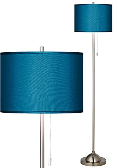 ModSavy Modern Minimalist Pole Lamp Floor Standing Thin 62" Tall Brushed Nickel Silver Blue Textured Fabric Drum Shade Decor for Living Room Reading House Bedroom Home