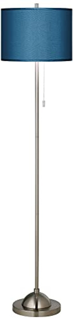 ModSavy Modern Minimalist Pole Lamp Floor Standing Thin 62" Tall Brushed Nickel Silver Blue Textured Fabric Drum Shade Decor for Living Room Reading House Bedroom Home