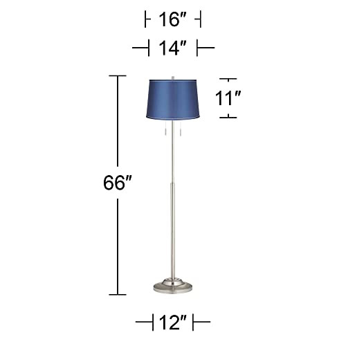 ModSavy Modern Floor Lamp Standing 66" Tall Sleek Brushed Nickel Silver Thin Metal Column Medium Blue Satin Fabric Drum Shade for Living Room Reading House Family Bedroom Home