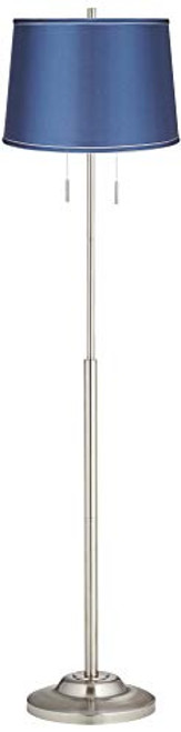 ModSavy Modern Floor Lamp Standing 66" Tall Sleek Brushed Nickel Silver Thin Metal Column Medium Blue Satin Fabric Drum Shade for Living Room Reading House Family Bedroom Home