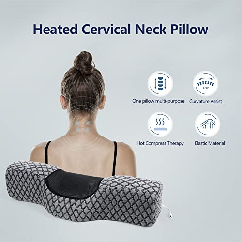 ModSavy Neck Pillows for Pain Relief Sleeping, Heated Memory Foam Cervical Neck Pillow with USB Graphene Heating and Magnetic for Stiff Neck Pain Relief, Neck Support Pillow Bolster Pillow for Bed (Grey)