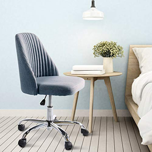 ModSavy Home Office Modern Linen Swivel Task Upholstered Fabric Desk Chair Armless with Wheels, Middle, Blue