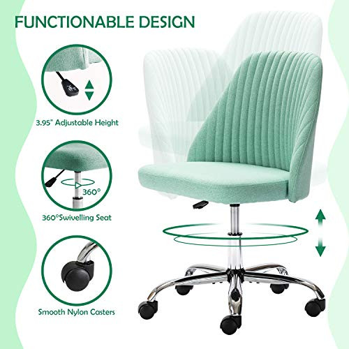 ModSavy Home Office Modern Linen Swivel Task Upholstered Fabric Desk Chair Armless with Wheels, Middle, Green