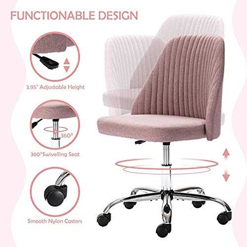 ModSavy Home Office Modern Linen Swivel Task Upholstered Fabric Desk Chair Armless with Wheels, Middle, Pink