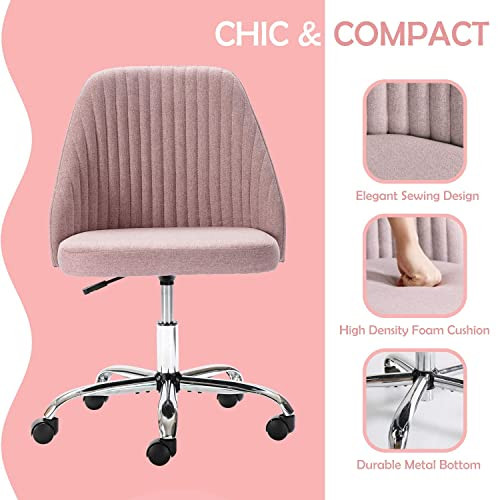 ModSavy Home Office Modern Linen Swivel Task Upholstered Fabric Desk Chair Armless with Wheels, Middle, Pink