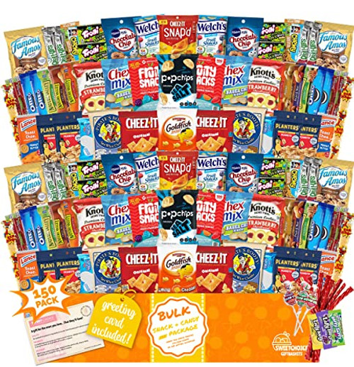 Care Package (150) Variety Snacks Gift Box Bulk Snacks - College Students, Military, Work or Home - Over 9 Pounds of SNACKS! Snack Box Fathers Gift