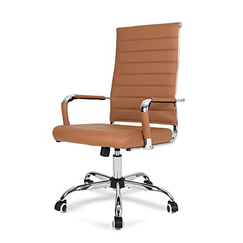 Humanspine Ergonomic Office Desk Chair, Modern PU Leather Conference Room Chairs Ribbed, High Back Executive Swivel Rolling Chair for Home, Office Brown